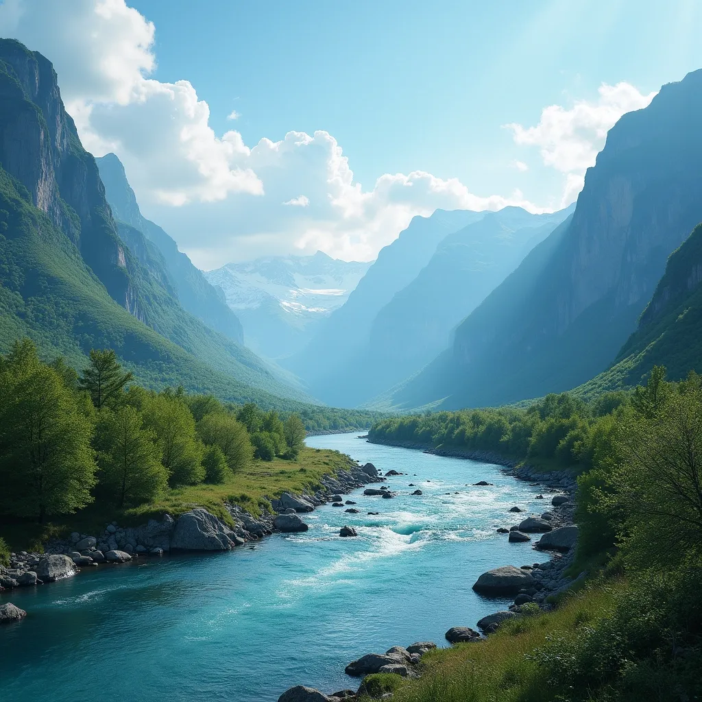 A beautiful landscape with a river and mountains