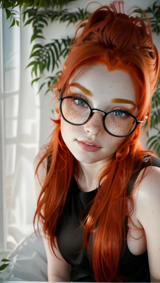 ultra realistic photo of a sexy redhead girl, freckles,
wearing a black top,
in front of a white wall