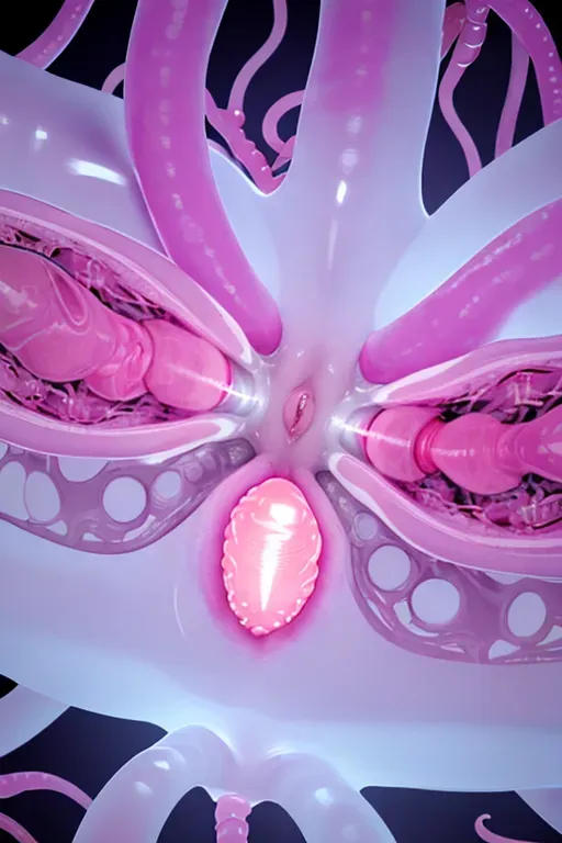 Cyborg girl, Cute, Legs up, Legs apart, vagina filled with sperm, See-through womb, Full of white cum, Laying on back, View from above, Vagina sex, Pink tentacles pumping cum into her, Stunned expression,