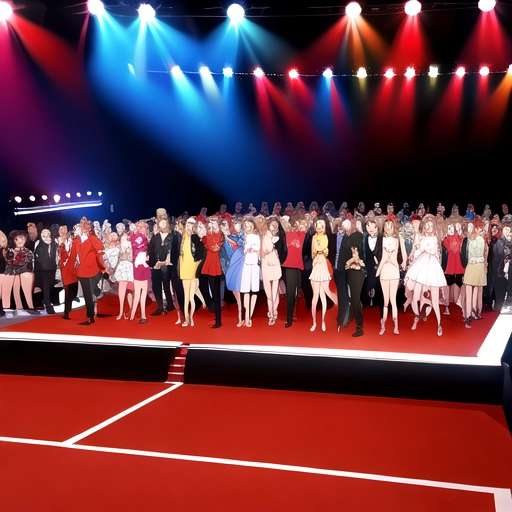 models catwalking on stage with red carpet, teasing crowd