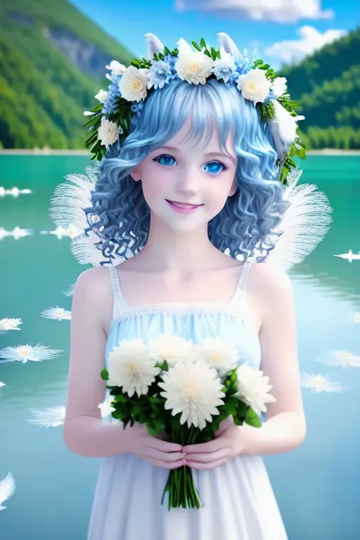 angel White skin curly hair blue eyes white feathers on the wings bare feet in the lake blue Lake White dress beautiful smile delicate skin clouds in the sky perfect girl beautiful girl bright Eyes wreath of flowers ultra realistic 4k