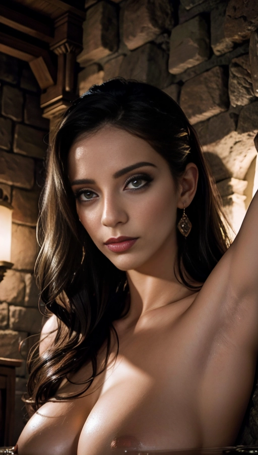 A professional photograph, (close-up), medieval fantasy, dominatrix, in dungeon, (((beautitful eyes))), beautiful lips, perfect face, highly detailed, ((perfect hands)), (five fingers per hand), perfect breast, dark hair, curved eyebrows, ((long eyelashes)), ((cinematic lighting)), ((cinematic composition:1.2)), 32k, HDR, highest quality, highest resolution, (photorealist:1.72), (photorealism:1.72), (masterpiece:1.18), --s 750, ((bare breasts))