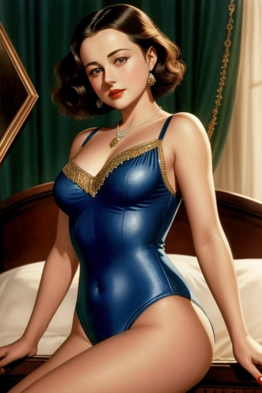 1920s style, beautiful young Olivia de Havilland, aged 20, ((accurate face)), dark hair, elegant bedroom, sexy period leotard,