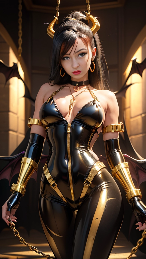 best quality, (((ultra high res))), (detailed face and eyes), (succubus), hearts, perfect face, necklace, choker, golden earrings, jewelry, tail, gloves, snake, gold, (single ponytail), Victoria Justice, black hair, long ponytail, hourglass body, snake coiling, pov from below, ((golden latex)), golden snake, ((handcuffs)), handcuffed, ((((chained)))), (tied up), chains, chain, (((golden symbiote suit))), ((((symbiote girl)))), (((succubus symbiote)))