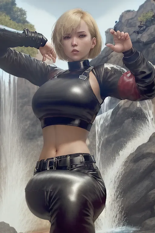 black desert online, fantasy human female martial artist, short blonde bob cut hair, wearing a dark red crop top and black leather pants, waterfall background, martial arts stance, martial arts pose, caucasian facial features, mature beautiful face,