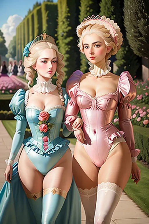 2 women. Young Queen Marie Antoinette and Gabrielle de Polignac, thick eyebrows, beautiful faces, full lips, full cheeks, dimples on cheeks, wearing sexy leotard-style costumes with elaborate puffed sleeves, sexy legs, slim figures, cute butts, extremely sexy, walking together in a rose garden, high definition,