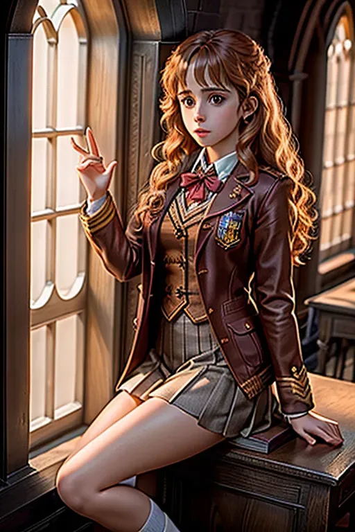 a highly detailed photo of, Hermione Granger, wearing Griffindor uniform, in Hogwarts classroom, doing sexy pose, five fingers per hand, erotic, full body view