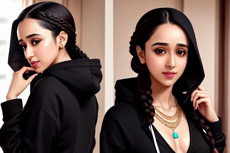 a illustration of,shraddha kapoor,wearing hoodie,arched back pose,in a hotel room,small breasts,five slender fingers,braids hair,gorgeous face,beautiful lips,black eyes,curved eyebrows,pale skin,peaceful,wearing necklace,bokeh,professional,pixiv,smooth,surreal