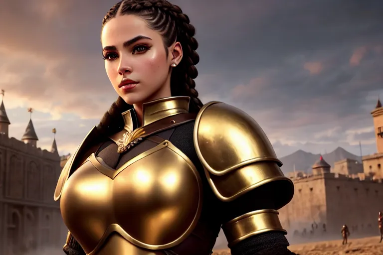 a digital art of,a venezuela girl,wearing medieval armor,touching breasts,in a dystopian future,five slender fingers,braids hair,charming face,beautiful lips,curved eyebrows,wearing golden ring,ultra realistic,surreal,editorial,smooth,professional