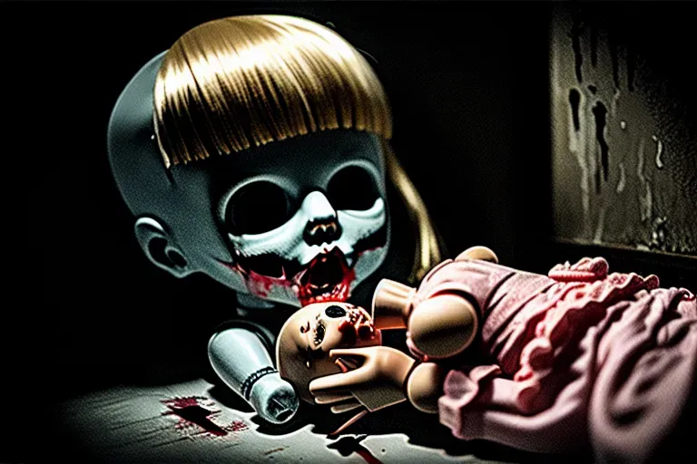 Chucky the killer doll eating a dead body in a dark room