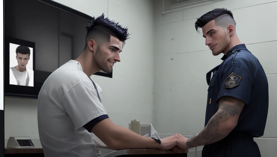 ((2 men)), 9k, top quality, masterpiece, ((photorealistic)) a handsome thin but lean dirty-blond man in an apartment is talking to a dark haired inmate with a very short modern haircut in prison on the tv, an image of a handsome thirty something male with dirty blond hair and blue eyes who is sitting cross legged on a navy colored sectional dressed in the latest louis vuitton collection. He is having a video call on his big screen TV in a chic downtown apartment. The dark-haired inmate on the TV is currently in jail and holding a phone up to his ear while he looks into a tiny screen on the wall. The handsome dark haired inmate on the tv has dark hair and dark eyes. He is 30 years old with short almost buzzed haircut. The inmate on the tv with dark hair is dressed in prison clothing. Both are smiling and happy. blond man in apartment is talking to tv. dark haired inmate is on the tv screen. the two men are in different places.