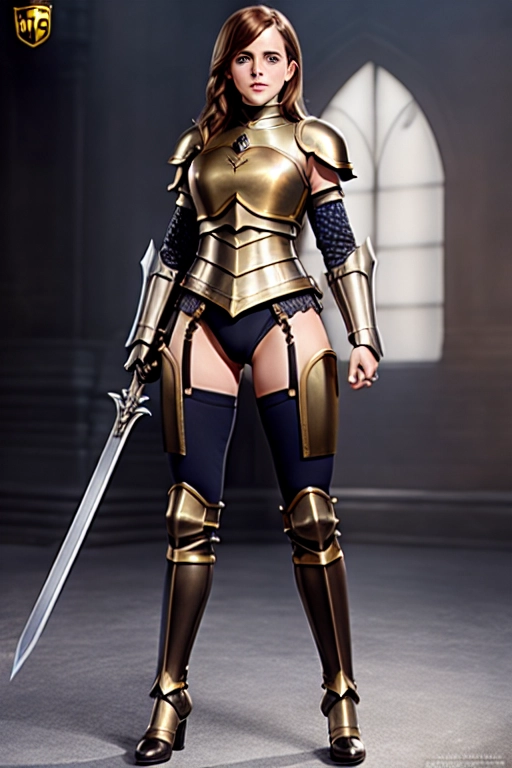 Emma Watson, knight, no helmet, in skin tight armor, sexy,hyper realistic, sexy pose,big thighs,realistic face, show legs,cleric,busty,huge breasts,muscular,skinny waist,wide hips,metal arm,bbw