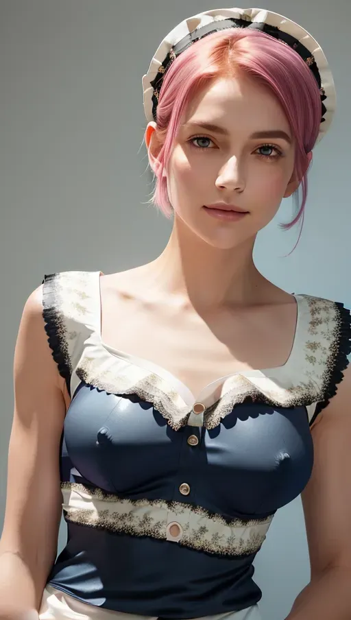 <lora:dpmg_euro_american:.55>, pink hair, messy hair, short hair, masterpiece,perfect edges, ultra realistic, perfect anatomy, realistic skin texture, (soft lighting), (soft white glow),short hair with great details,face photorealistic,slight grin,high delicate cheekbones,dimples,round face,firm ass,porcelain skin,long neck,light freckles across nose,cut nose,porcelain skin,(((small perky C-cup breasts))),thirty six inch chest,twenty eight inch waist,forty inch hips,six feet tall, muscular and shapely legs,lanky athletic build,perfect hands,full body in frame,(((button nose))),(milkmaid braid),slighty toned abs,(((blue and black dirndl))),very short skirt,lace trimmed dress,lace up front,black lace choker,lying on her back,in a field of lavender,breasts popping pit of top