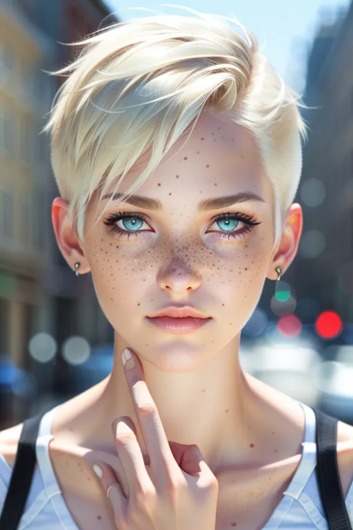 Realistic Beautiful face close up, freckles, slender tomboy, short spikey hair, two different eye colors,
