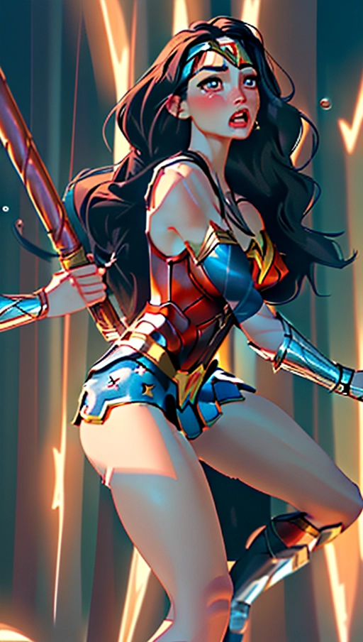 an explicit depiction of ((Wonder Woman getting fucked by a huge black man)), 1 female, 1 black male, fucking, sex, cowgirl, huge throbbing black cock, spectators, (cock fully inserted in pussy), balls deep, cum oozing between her legs, cum on her moth, interracial, (((tears in her eyes))), bruises on her arms