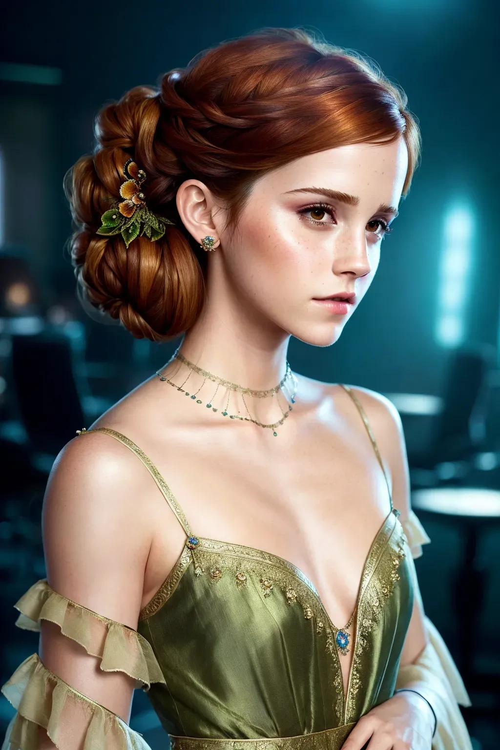 a photo of, Emma Watson, wearing A romantic bohemian dress with flowing fabrics and earthy colors, updo hairstyle, red hair, realistic eyes, curved eyebrows, textured skin, flawless face, thin body, small breasts, cgsociety, unreal engine, highly detailed, artstation, deviantart, sharp image, centered, volumetric lighting, hyper-realistic, backlighting, studio lighting, cyber cafe,