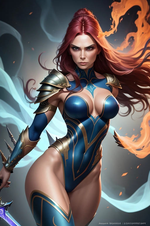 Enter the mesmerising realm of aerographic artistry as a muscular, warrior woman, features of Victoria Beckham, dons sexy leotard-style armour and wields a ghostly sword. Hypnotic in her strength and grace, she embodies both power and ethereal beauty.