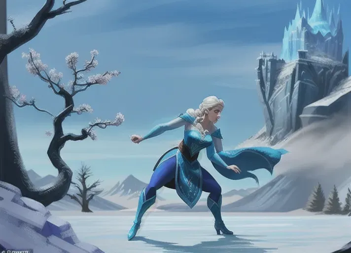 Beautiful Elsa of Arendelle training with Sub-Zero of Mortal Kombat. photorealistic. Medium shot. low angle.
