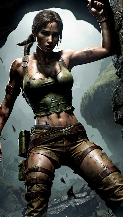 Lara croft defeated by cave monsters, battered and bruised, her clothing is torn