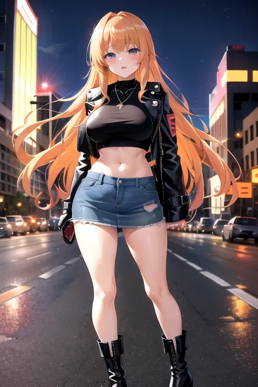 full body, strawberry blonde hair, hazel eyes, short girl, denim miniskirt, black high heel boots, looking at viewer, long hair, pale skin, silver necklace, crop top, 24 years old, giant breasts, cute face, pov, wavy hair, city environment, Oklahoma City, wide eyes, erotic, skirt tug, leather jacket, nighttime, black backpack, slim