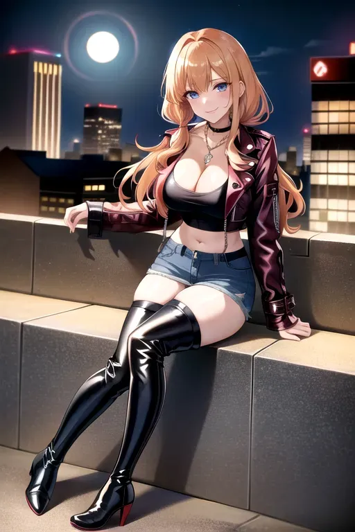 full body, strawberry blonde hair, hazel eyes, short girl, denim miniskirt, black high heeled boots, looking at viewer, long hair, pale skin, silver necklace, black crop top, 24 years old, giant breasts, cute face, pov, wavy hair, city environment, Oklahoma City, wide eyes, erotic, skirt tug, leather jacket, nighttime, black backpack, slim body, low pigtails, sitting on wall, smiling, thigh high boots, cleavage