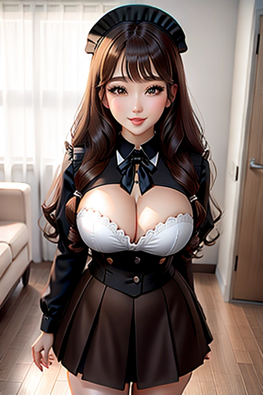black maid uniform, miniskirt, high heels, brown eyes, pale skin, brown hair, in living room, walking across room, giant breasts, cleavage, looking at viewer, pov, smiling, wavy hair, 8k, full body photo