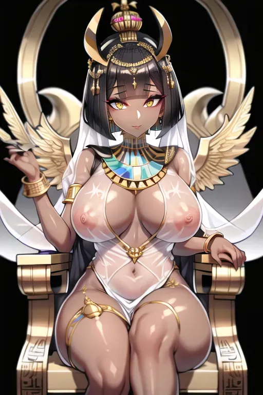 best quality, (masterpiece:1.3), perfect lighting, (hyperdetailed:1.2), (front view:1.2), (nsfw:1.2), 1girl, solo, (sitting on throne:1.2), (egyptian:1.2), (hamunaptra style:1.2), (transparent white silk clothes:1.4), (black short hair:1.4), sexy attire, alluring, bracelets, jewels, (crown:1.2), (dark skin:1.4), (big breasts:1.2), (arrogant:1.2), (detailed face:1.2), (perfect face:1.2), yellow eyes, (sharp eyes:1.4), (big eyelashes:1.2), looking at viewer, egypt background.