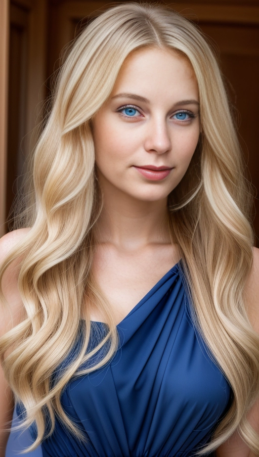 A high resolution picture of a beautiful Polish American woman, wavy blonde hair, thin pointed nose, smooth nose bridge, ((natural bags and circles under each eye)), blue eyes, (very thin eyebrows), full body in picture,