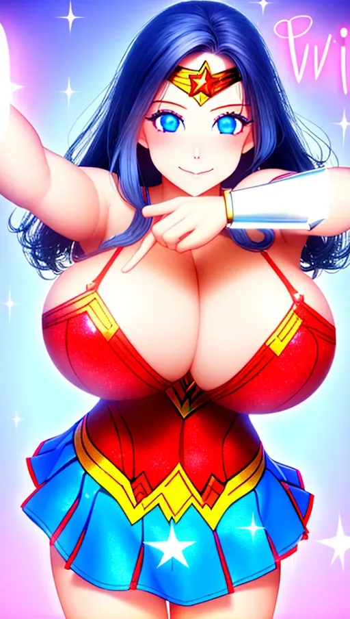 Beautiful Wonder Woman with loving soft smile and mini skirt. perfect big tits, beautiful romantic hotel background with love bed and floating glowing hearts all around wonder woman. she has huge round blue eyes that sparkle