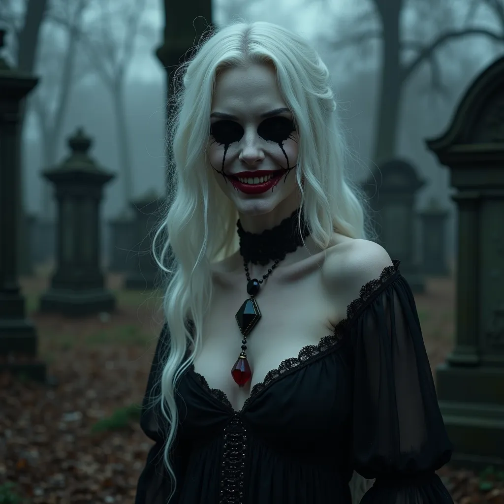 A cinematic full body image of an eyeless demonic woman with black hollow empty eye sockets, (no pupils or iris), (no makeup), pale lifeless skin and a sinister unsettling haunting menacing evil smile that is highlighted by her bold red-violet lips, Her long distressed wavy hair is as white as snow, Her fraying torn clothes are fitting for a demonic woman with elegant intricate detailed decoration and cobweb lace details that gives her mystic and powerful vibes, black diamond necklace, Muted colors except for a strong popping red-violet, (horror atmospheric sinister dramatic lighting, abandoned graveyard, nighttime