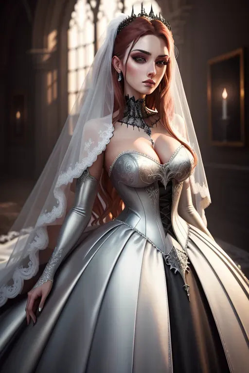 digital painting, 20 year old, a gorgeous gothic girl, slim, wedding dress, metallic, wedding, daytime, studio light, sad, 8k, professional