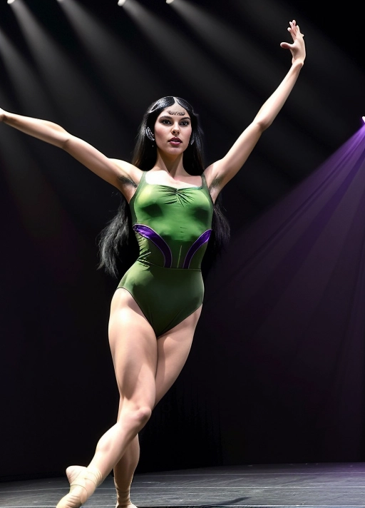 an exotic woman with long thick black hair, hair styled with bangs across her forehead, green eyes, high cheekbones, (slanted eyes:1.3) and eyebrows, expression is playful, is a modern performance dancer making very graceful leap like flying in the air while wearing a purple leotard on a dark stage under a spotlight