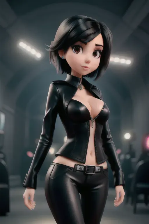 Photograph of, Victoria Justice,wearing goth clothing,walking through futuristic city breasts,five slender fingers,short hair,gorgeous face,beautiful lips,black eyes,curved eyebrows,studio lighting,