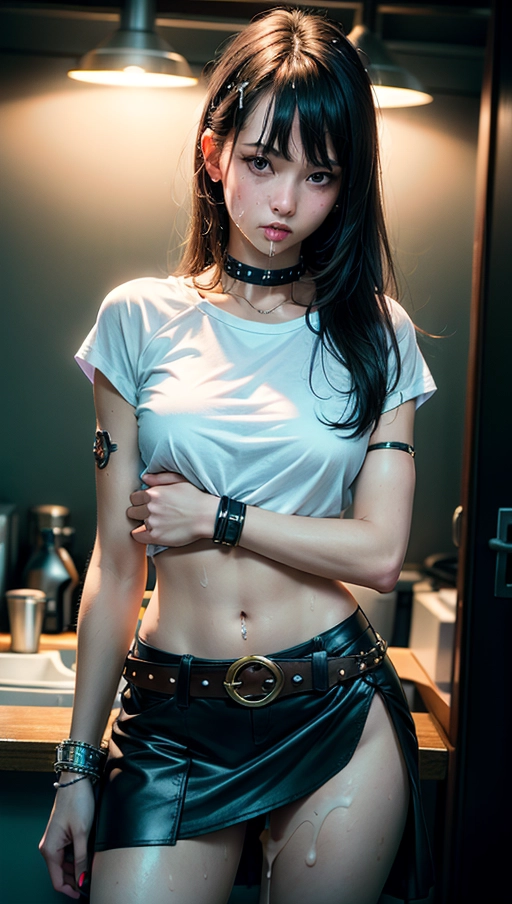 (Hypnotized), (photo realistic:1.37), (magazine photoshoot), (female, cute, skinny, scrawny, skinny legs, thigh gap, weak, flat chest, glistening skin, fair skin, pale skin, (dark hair, straight hair, bangs hair, mussed hair), bar setting, nighttime, (looking down at her groin, surprised), (atmospheric lighting), (wearing (no skirt ,studded belt), no t-shirt), (wrist bracers)), , (covered in sweat, thick cum leaking from her vagina),
(best quality), <lora:dpmg_add_detail:0.5>, beautiful,(high resolution), (((masterpiece))), (uhd), (8k),