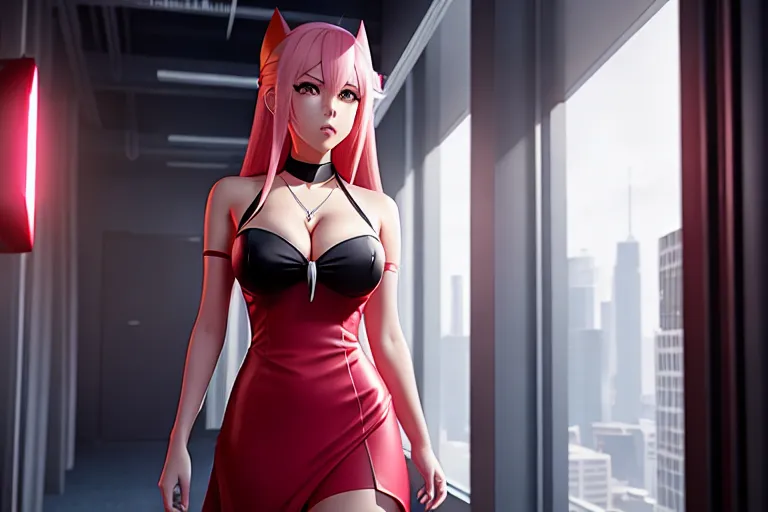 a concept art of,zero two,walking,at the office,big breasts,five fingers per hand,wavy curtain bang,beautiful face,beautiful lips,curved eyebrows,curved eyelid,joyful,wearing necklace,cinematic lighting,pixiv,unreal engine,studio lighting,artstation
