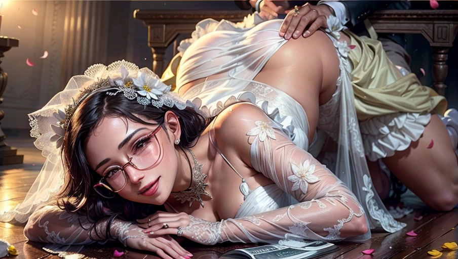 A digital photograph of, professional photograph, (1man in white suit), (1 hot (((African woman))) (20) wearing (((see-through:1.2)) ((lace)) ((wedding dress)) ((with deep neckline:1.3)) and intricate flower patterns) is (((fucked from behind by her husband))) in the church of Lust), (she is leaning forward over an altar), nude people around are cheering and throwing cherry petals in the air, ((smile:1.8)), ((<lora:dpmg_fucked_from_behind:0.9>)), ((thin (rimless) frameless glasses)), <lora:dpmg_add_detail:0.6>, ((close-up)), ((perfect face)), beautiful eyes, beautiful red lips, highly detailed, perfect perky breast, (cinematic lighting), cinematic composition, (((petals flying in heart shape))), sex, nsfw, couple, photon mapping, 32k, vivid colours, (highest quality:1.8), highest resolution, (photorealist:1.72), (photorealism:1.72), (masterpiece:1.18), --s 750 --v 5.2