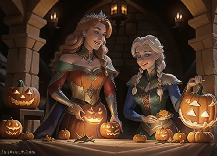 Beautiful auburn haired Queen Anna and platinum haired Elsa of Arendelle scooping out jack-o-lanterns. photorealistic.