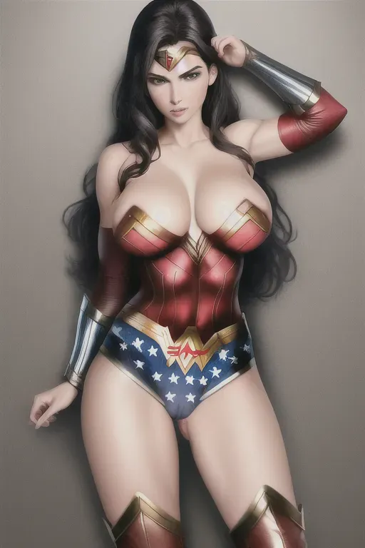 Wonder woman in sexy pose, torn suit,visible breasts and vagina, pubic hair, perfect breast,high quality,semi naked,destroyed clothes,sexy pose, background
