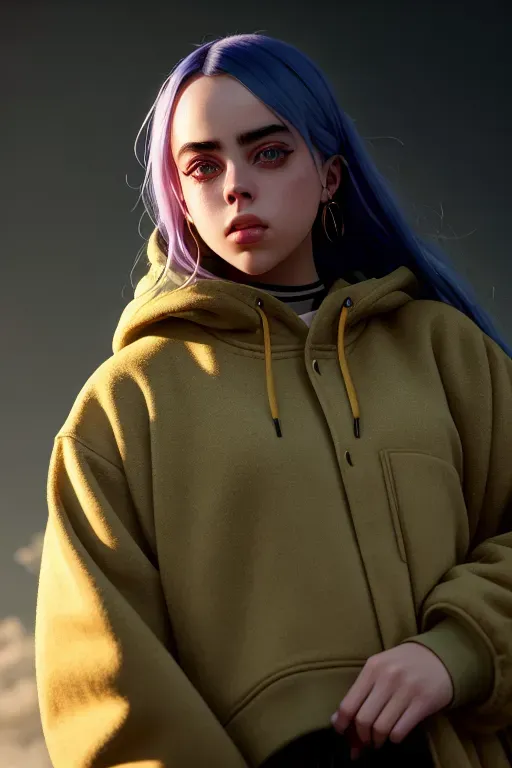 a illustration of,billie eilish,wearing oversized clothes,shooting from a high point,five slender fingers,charming face,beautiful lips,green eyes,curved eyebrows,curved eyelid,textured skin,erotic,wearing golden ring,unreal engine,cinematic lighting,bokeh,professional,cgsociety