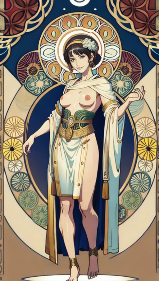 painting with (mucha artstyle) of, masterpiece,perfect edges, ultra realistic, perfect anatomy, realistic skin texture, ((full body)), woman, standing, short dark hair, highly detailed face, detailed eyes,perfect hands, medium breasts, (wearing toga), ((bare breasts))
