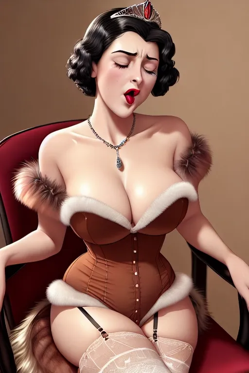 a colour painting of, a ((full length)) young Queenthe Queen Mother,((show full body and legs)), wearing 1930s period lingerie (((with a fur coat over her shoulders))), (((visible cameltoe)))wearing necklace and tiara, seated (((in on a chair in her bedroom))), ,five slender fingers, gorgeous face,beautiful lips, long sexy legs, ((short dark hair)) detailed large eyes,curved eyebrows,pale skin,cosy.
She must be having a powerful (((sneezing fit))) ((sneezing)) allergy, hay fever, with her nostrils flaring, ((her eyes closed)) and ((her mouth wide open)), ((visible spray of droplets leaving her nose)) ((damp spot on panties)), the expression on her face is one of sexual ecstasy because she finds sneezing pleasurable and arousing and often sneezes while masturbating,artstation,bokeh,8k,cgsociety,editorial