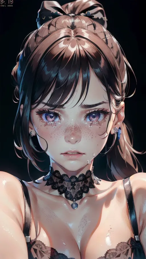 sad,crying,upset,betrayed,heartbroken,angry,hysterical,tears,photorealistic, 8k, accurate face, (((detailed face))), (((replicate inspiration face))), freckles,ponytail, female face, cute, 19 years old, gorgeous,luxuriously long hair,bangs,lingerie, lace bow,choker,necklace