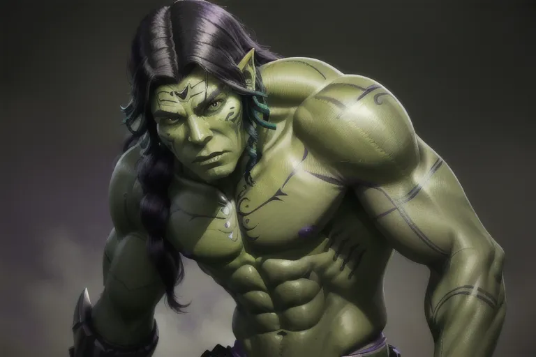 Mirialan, Muscular male, (((green skin))), black tribal tattoos, long black hair, purple eyes, cheerful, gray shirt, gray pants, futuristic clothing, alien, sfw, headshot, masterpiece, absurdres, ((((solo focus)))), 8k, perfect edges, ultra realistic, perfect anatomy, low light, perfect face, fine details, realistic shaded, photoshoot, male