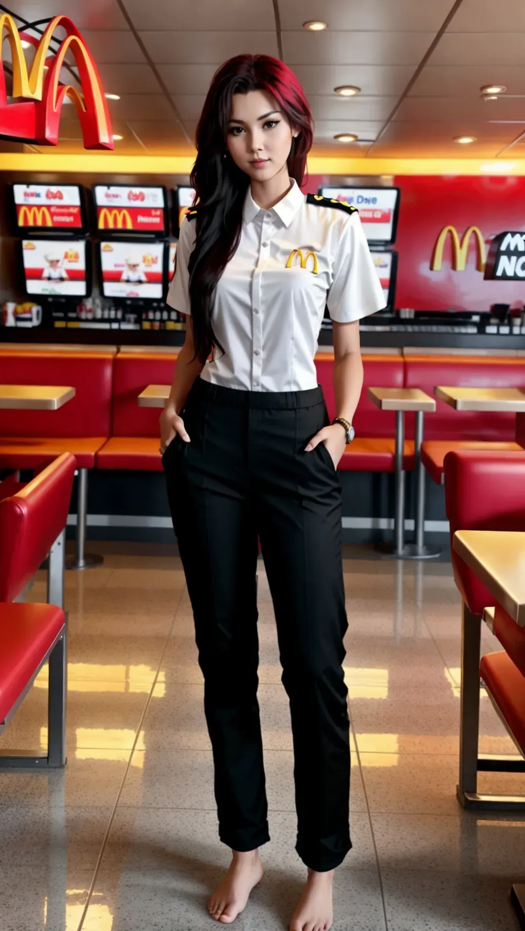 Dopamine Girl Full Body Image Gorgeous Short Slender Barefoot Punk Female Mcdonalds Manager 