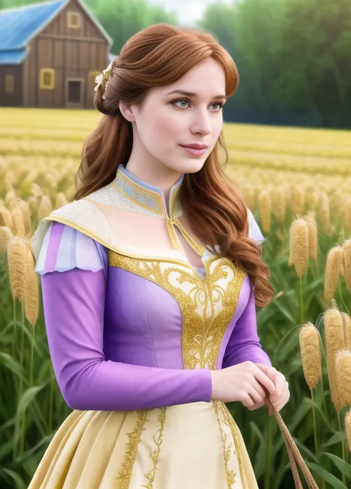 Adult beautiful joyful sweet Anna of Arendelle portrayed by Elizabeth Lail with very big soft sapphire eyes her auburn hair in a low hanging bun with golden wheat stalks woven into the sides, dressed in a cream colored dress with gold and purple embroidery and a light tan jacket. exploring the wonders of the Harvest Festival. Photorealistic.