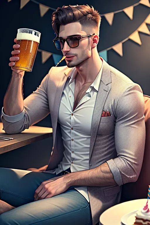 a male engineer eating a birthday cake with a glass of beer in hand