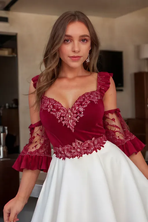 My red velvet cocktail dress is made of luxurious fabric and has intricate embroidery and delicate ruffles. The high neckline accentuates my long slender neck and the sleeves are sheer, allowing a glimpse of my toned arms. The waistline is fitted, emphasizing my hourglass figure and the skirt falls gracefully, flaring out just above my knees. The dress is also incredibly comfortable which makes it perfect for dancing the night away.