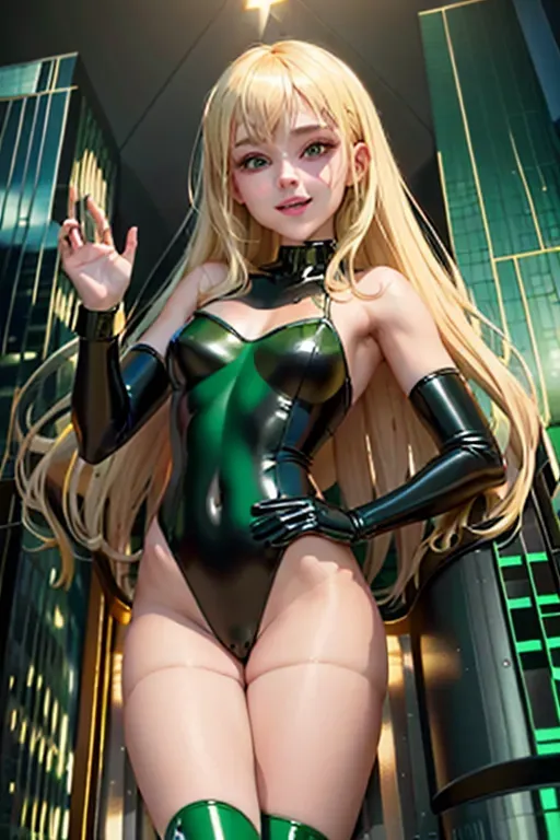 beautiful, masterpiece, best quality, extremely detailed face, perfect lighting, 1girl, solo, <lora:dpmg_imminent_fuck:0.9>, 1boy, imminent penetration, lying, on back, spread legs, pov, leg grab, black latex clothes, skinny girl, wet skin, short blonde hair, tanned, shy, smiling, green eyes
