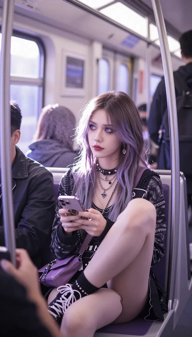 candid street photography, sneaky stolen shot from a few seats away inside a crowded commuter metro train, young woman with clear blue eyes is sitting naturally with crossed legs waiting for her station and looking away. She has a distinct alternative edgy aggressive look with clothing resemble of gothic and punk style with a cleavage, her hair are dyed at the points and she has heavy goth makeup. She is minding her own business unaware of being photographed , relaxed using her phone.
lighting: Lilac, Light penetrating the scene to create a soft, dreamy, pastel look.
atmosphere: Hazy amber-colored atmosphere with dust motes dancing in shafts of light