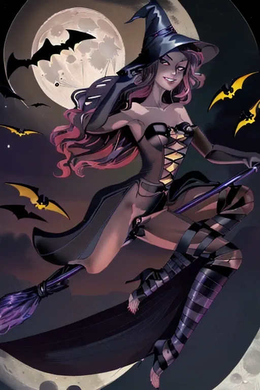 Silhouette of a gorgeous thin girl skinny witch sitting on a broom flying in front of the moon, accompanied by bats, ((sexually provocative pose)), seductive smile, lascivious smile, libidinous expression, looking at me